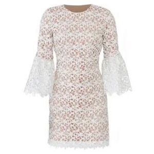 Three quarter bell sleeve white lace dress by Dress The Population.